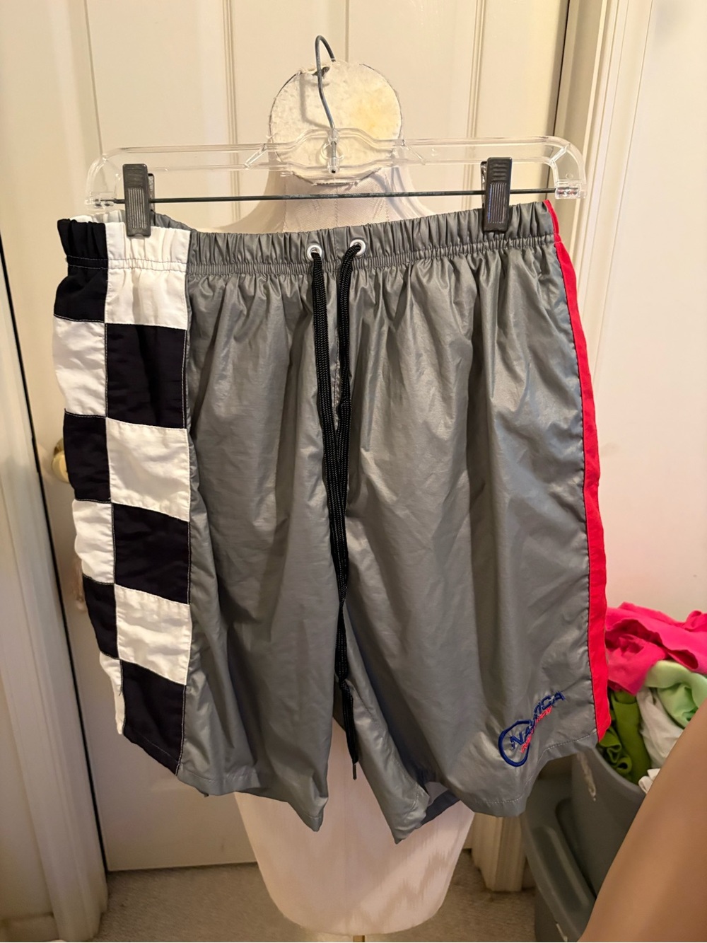 Nautica new size M Men's Gray Racing-Stripe Swim Shorts with Checker Panel